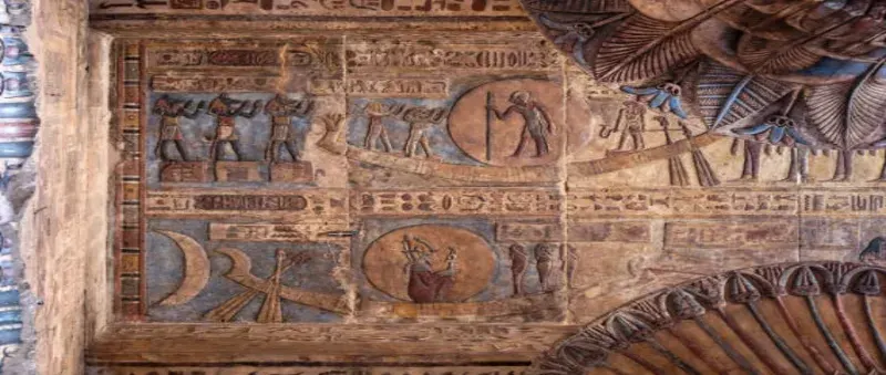 Esna Temple painted ceiling — the most colourful ceiling of any Egyptian temple